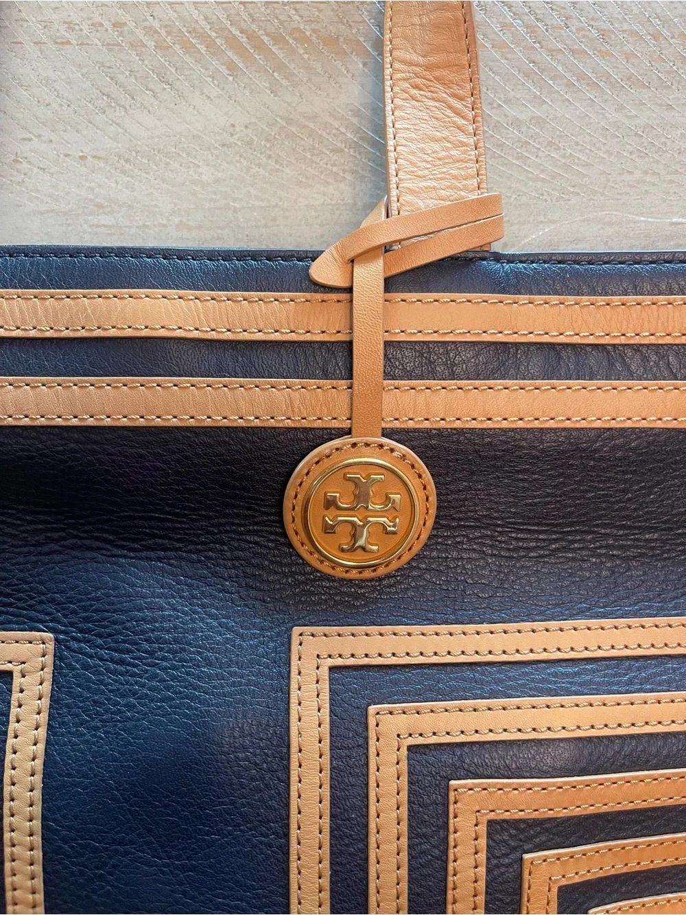 Tory Burch Navy and Tan Geometric Stripe Leather Tote